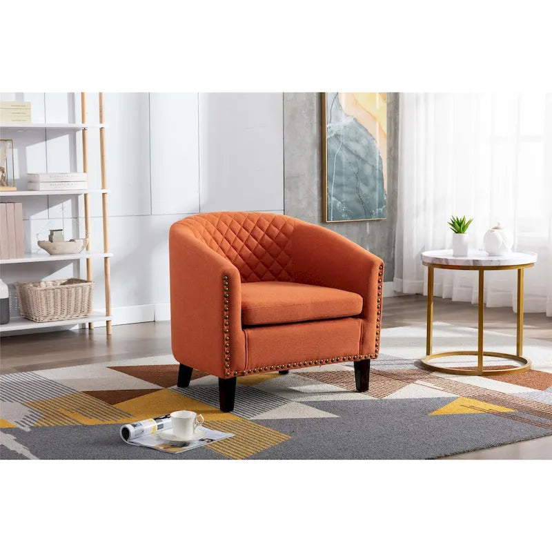 Fauteuil tonneau d’appoint avec clous décoratifs et pieds en bois massif