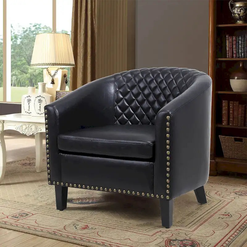 Fauteuil tonneau d’appoint avec clous décoratifs et pieds en bois massif