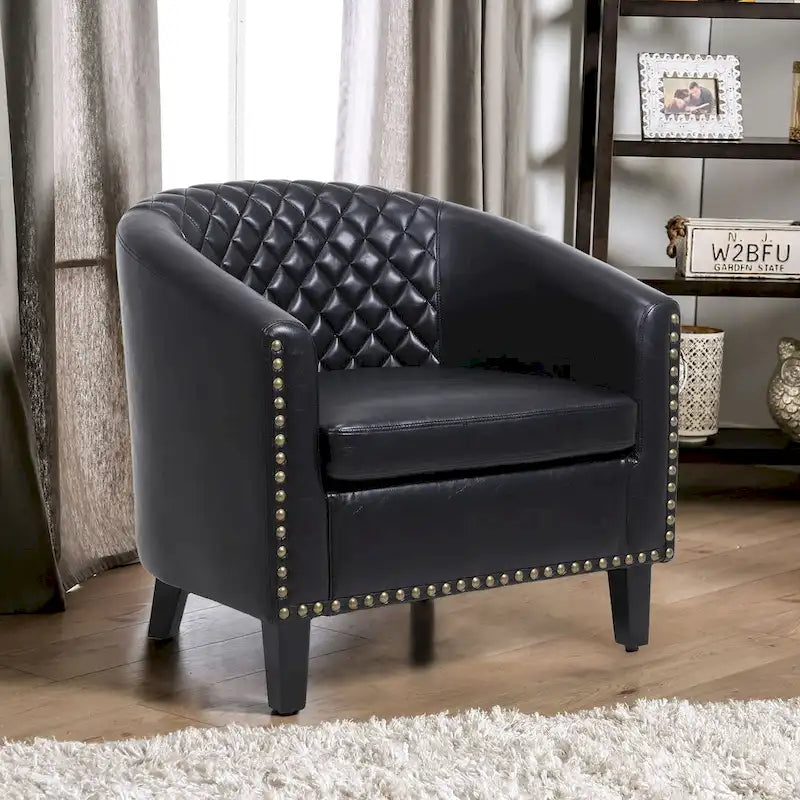 Fauteuil tonneau d’appoint avec clous décoratifs et pieds en bois massif