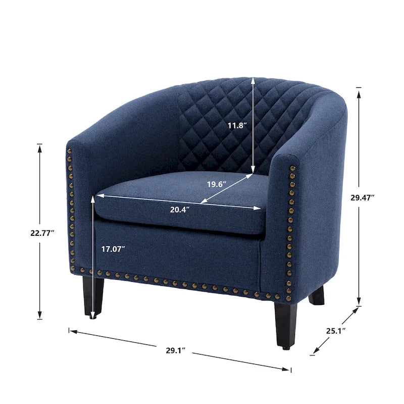 Fauteuil tonneau d’appoint avec clous décoratifs et pieds en bois massif