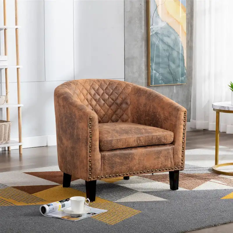 Fauteuil tonneau d’appoint avec clous décoratifs et pieds en bois massif