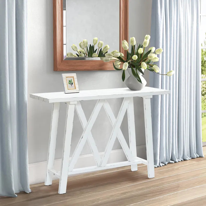 48-inch Distressed White Farmhouse Console Table with Double-X Base