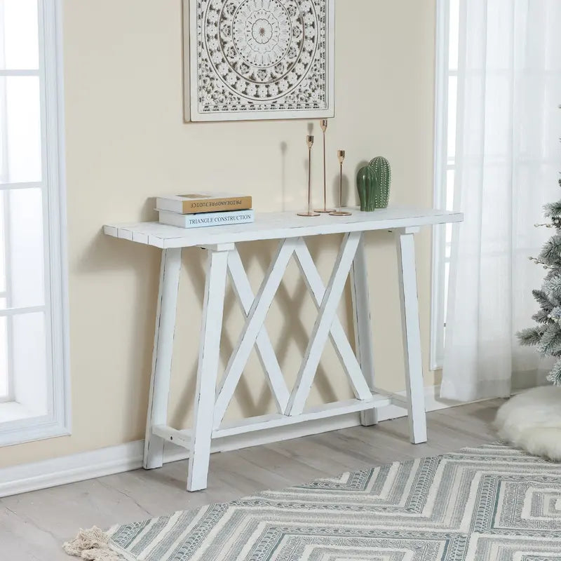 48-inch Distressed White Farmhouse Console Table with Double-X Base