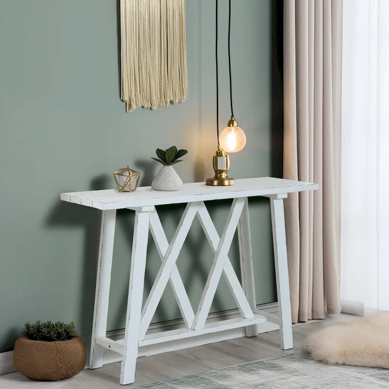 48-inch Distressed White Farmhouse Console Table with Double-X Base