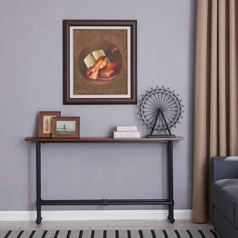 Industrial Console Table with Matte Black Iron Base and Espresso Top - 56W in.