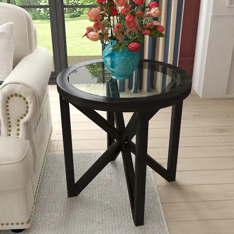 Modern Round Glass-Top Coffee Table with Solid Wood Base - 22x22 in.