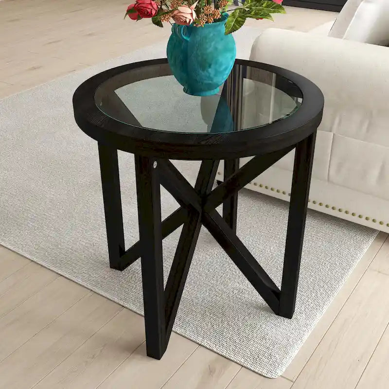 Modern Round Glass-Top Coffee Table with Solid Wood Base - 22x22 in.