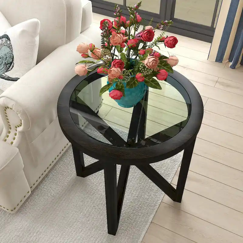Modern Round Glass-Top Coffee Table with Solid Wood Base - 22x22 in.