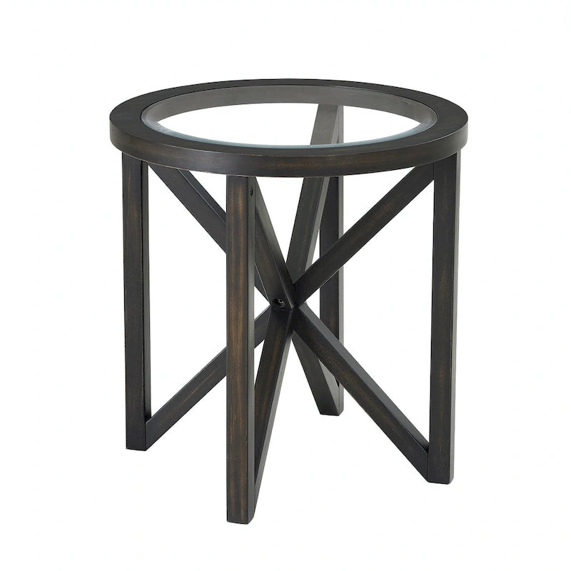 Modern Round Glass-Top Coffee Table with Solid Wood Base - 22x22 in.