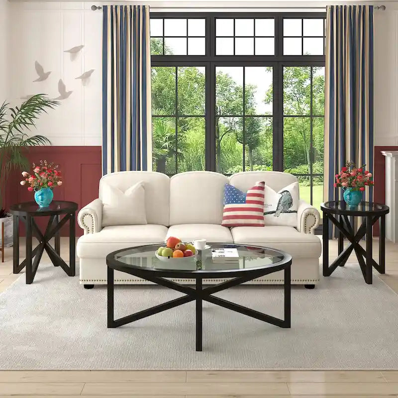 Modern Round Glass-Top Coffee Table with Solid Wood Base - 22x22 in.