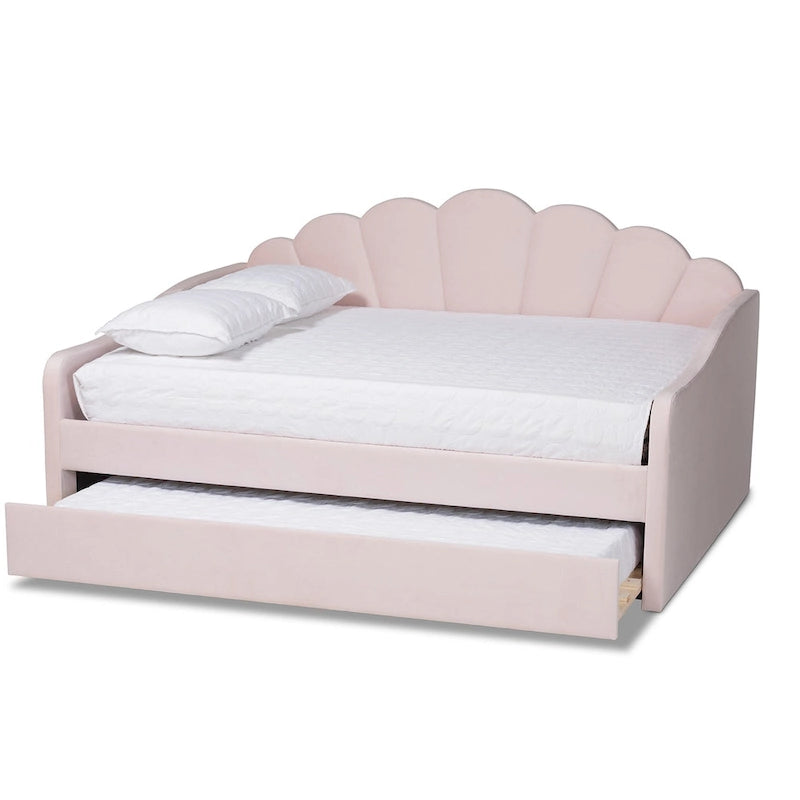 Queen Size Light Pink Velvet Daybed with Scalloped Edges and Twin Trundle