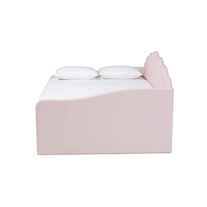 Queen Size Light Pink Velvet Daybed with Scalloped Edges and Twin Trundle