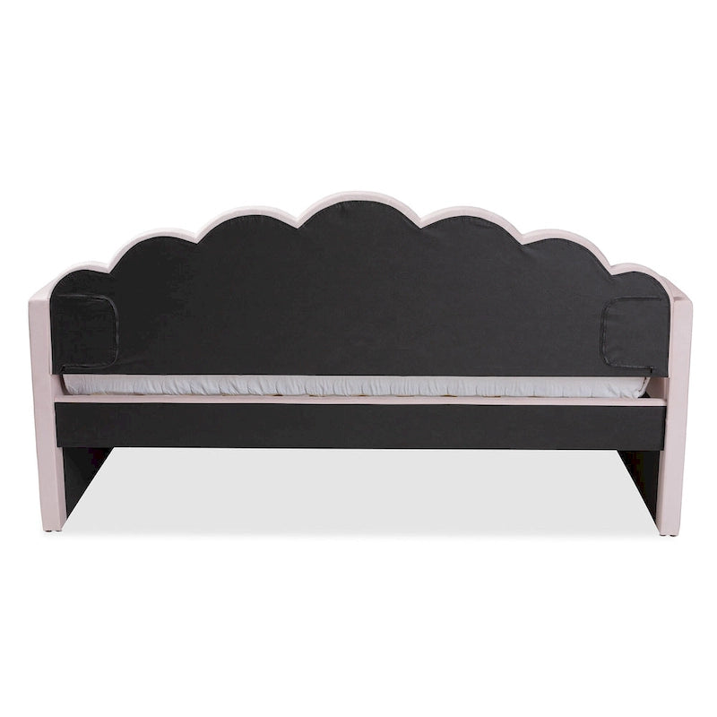 Queen Size Light Pink Velvet Daybed with Scalloped Edges and Twin Trundle