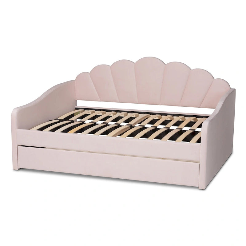 Queen Size Light Pink Velvet Daybed with Scalloped Edges and Twin Trundle