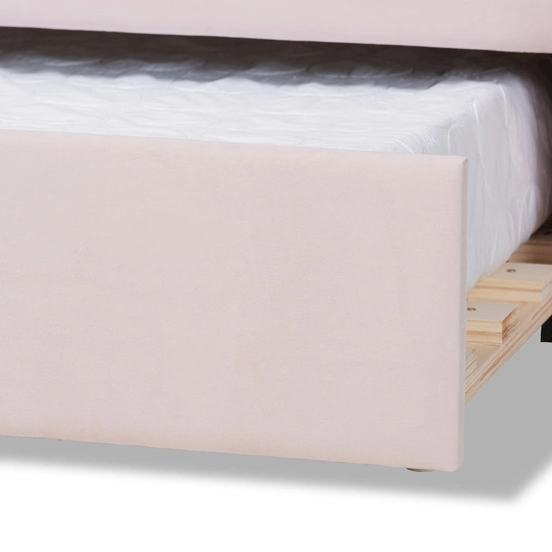 Letto da giorno queen size in velluto rosa chiaro con bordi smerlati e letto estraibile twin