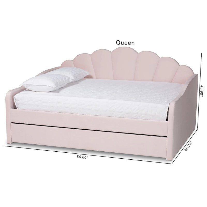 Letto da giorno queen size in velluto rosa chiaro con bordi smerlati e letto estraibile twin