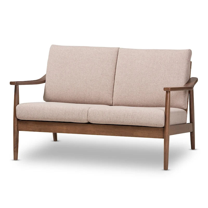 Nowoczesna 2-osobowa sofa w stylu mid-century z ramą z drewna kauczukowego i zdejmowanymi poduszkami