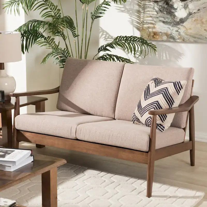 Nowoczesna 2-osobowa sofa w stylu mid-century z ramą z drewna kauczukowego i zdejmowanymi poduszkami