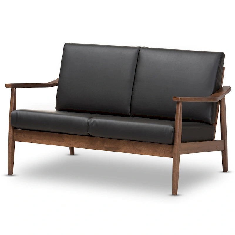 Mid-Century Modern 2-Seater Loveseat with Rubberwood Frame and Removable Cushions