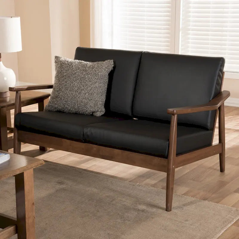 Nowoczesna 2-osobowa sofa w stylu mid-century z ramą z drewna kauczukowego i zdejmowanymi poduszkami