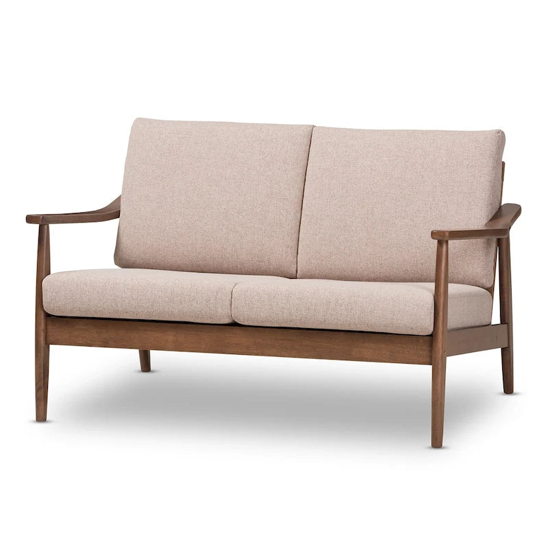 Nowoczesna 2-osobowa sofa w stylu mid-century z ramą z drewna kauczukowego i zdejmowanymi poduszkami