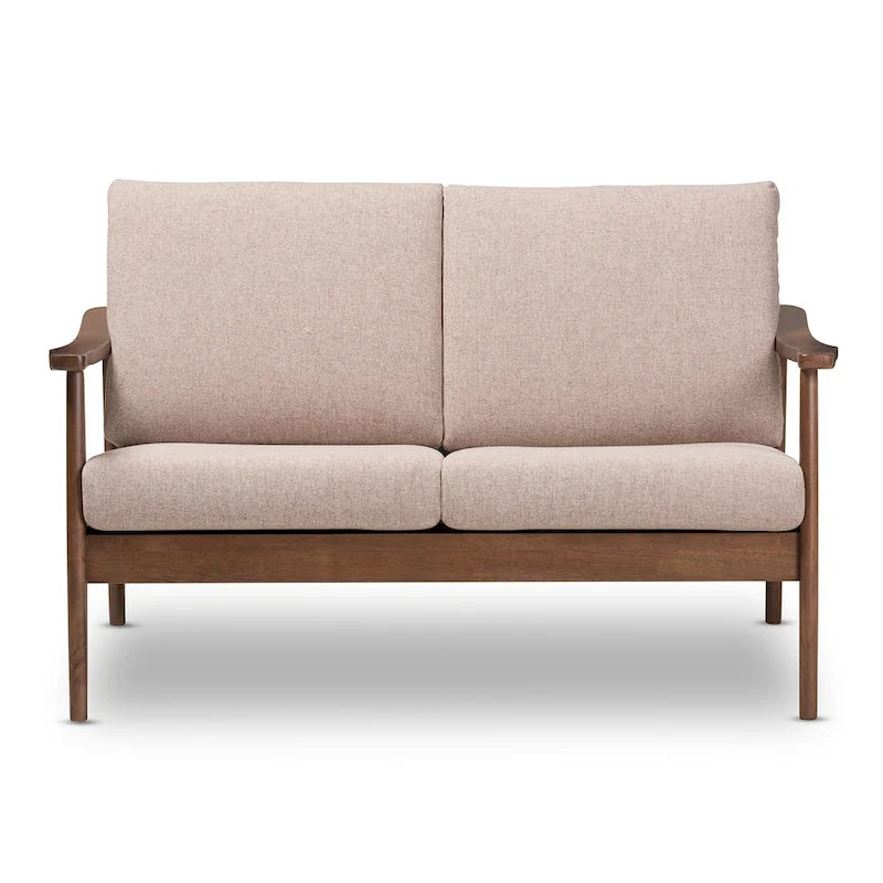 Nowoczesna 2-osobowa sofa w stylu mid-century z ramą z drewna kauczukowego i zdejmowanymi poduszkami
