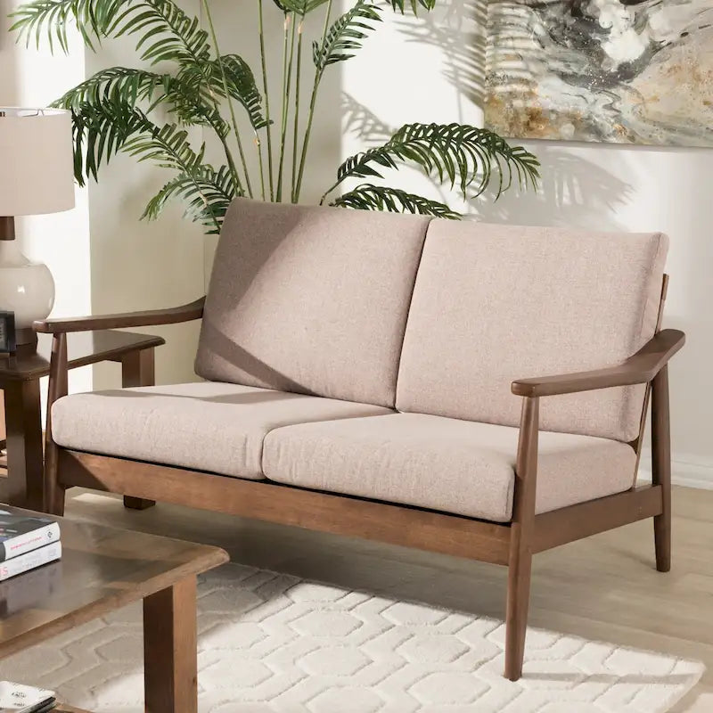 Nowoczesna 2-osobowa sofa w stylu mid-century z ramą z drewna kauczukowego i zdejmowanymi poduszkami