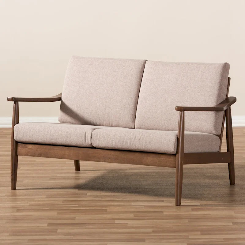 Nowoczesna 2-osobowa sofa w stylu mid-century z ramą z drewna kauczukowego i zdejmowanymi poduszkami