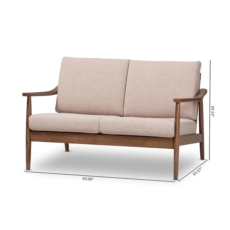 Nowoczesna 2-osobowa sofa w stylu mid-century z ramą z drewna kauczukowego i zdejmowanymi poduszkami