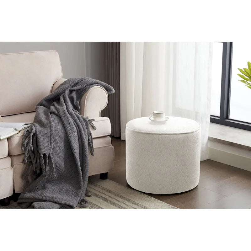 Round Boucle Fabric Ottoman - Footrest, Side Table, or Stool