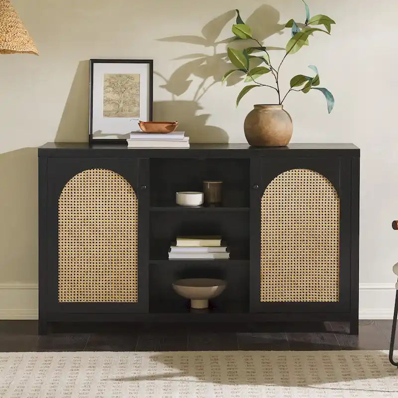 2-Door 58-inch Sideboard with Arched Rattan Panels