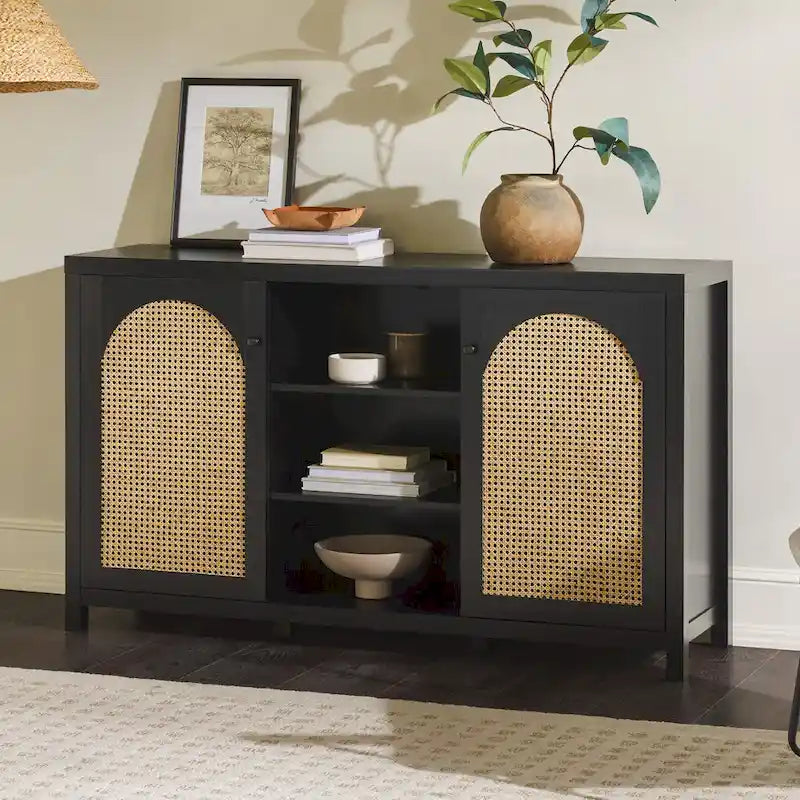 2-Door 58-inch Sideboard with Arched Rattan Panels