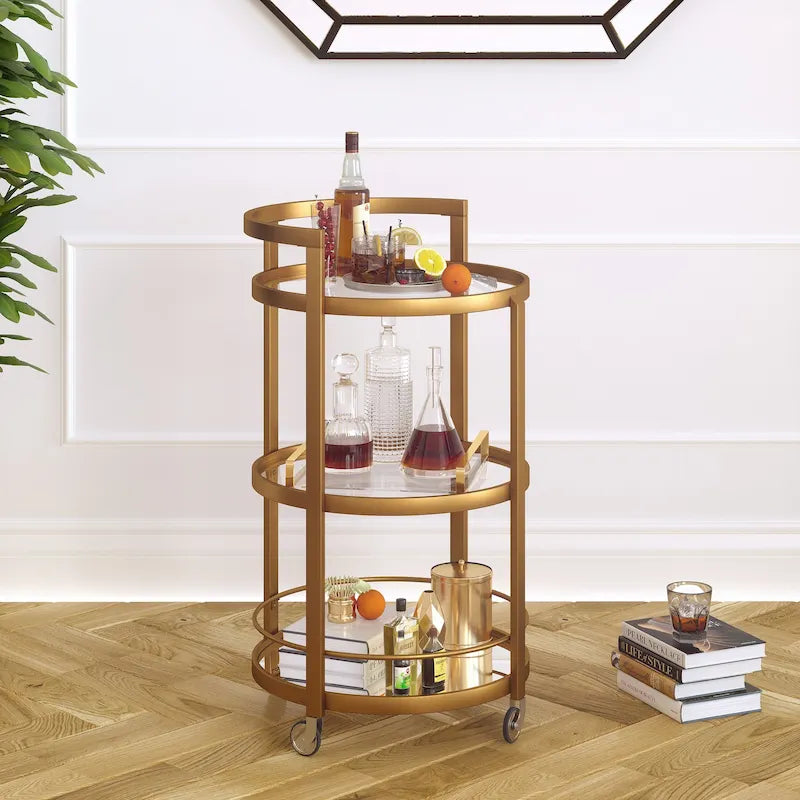 Mirrored Bar Cart with Steel Frame and Casters - 21x21x36 in.