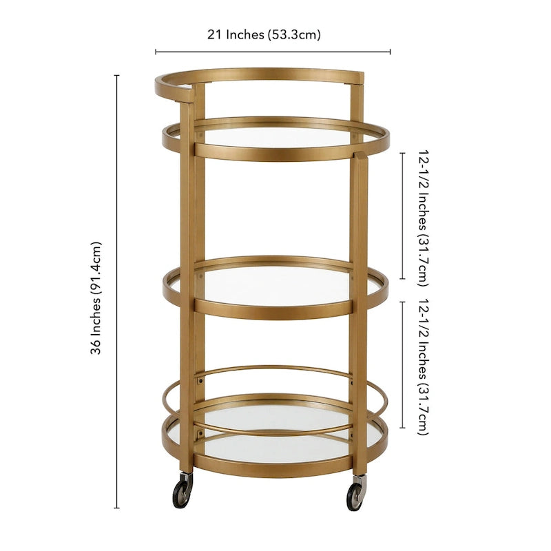 Mirrored Bar Cart with Steel Frame and Casters - 21x21x36 in.