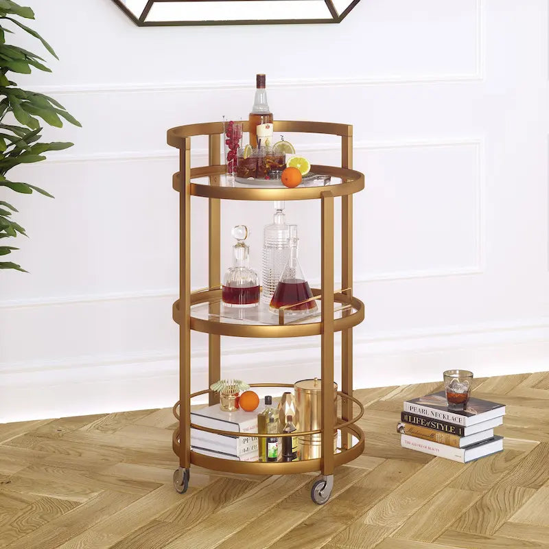 Verspiegelter Servierwagen mit Stahlgestell und Rollen - 21x21x36 Zoll