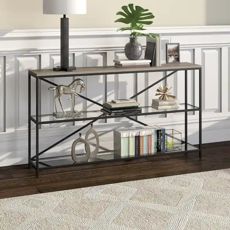 55-inch Modern Farmhouse Console Table with Steel Frame and Tempered Glass Shelves