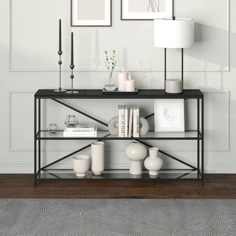 55-inch Modern Farmhouse Console Table with Steel Frame and Tempered Glass Shelves
