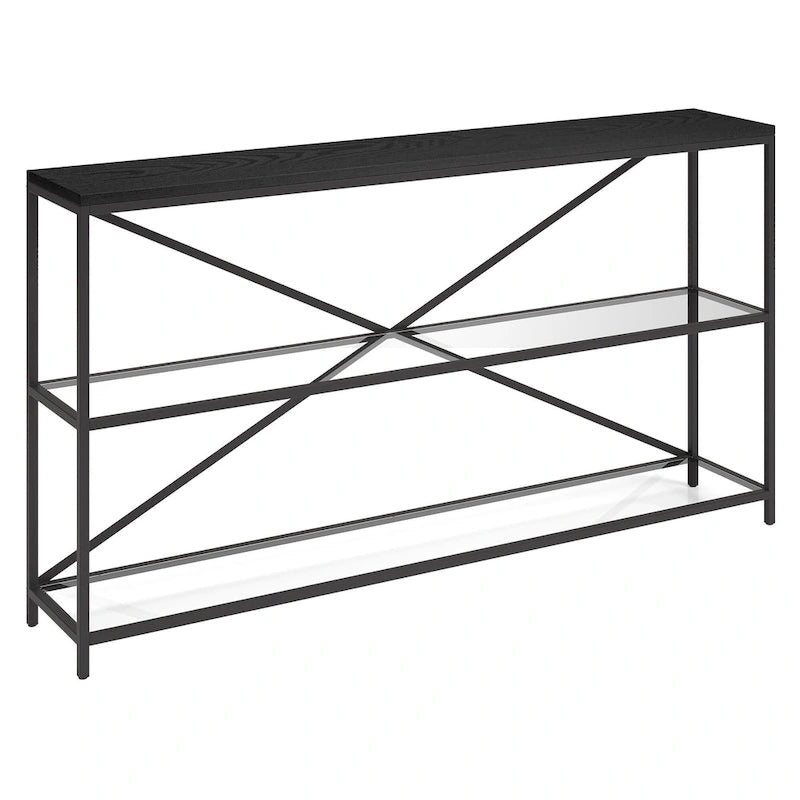 55-inch Modern Farmhouse Console Table with Steel Frame and Tempered Glass Shelves