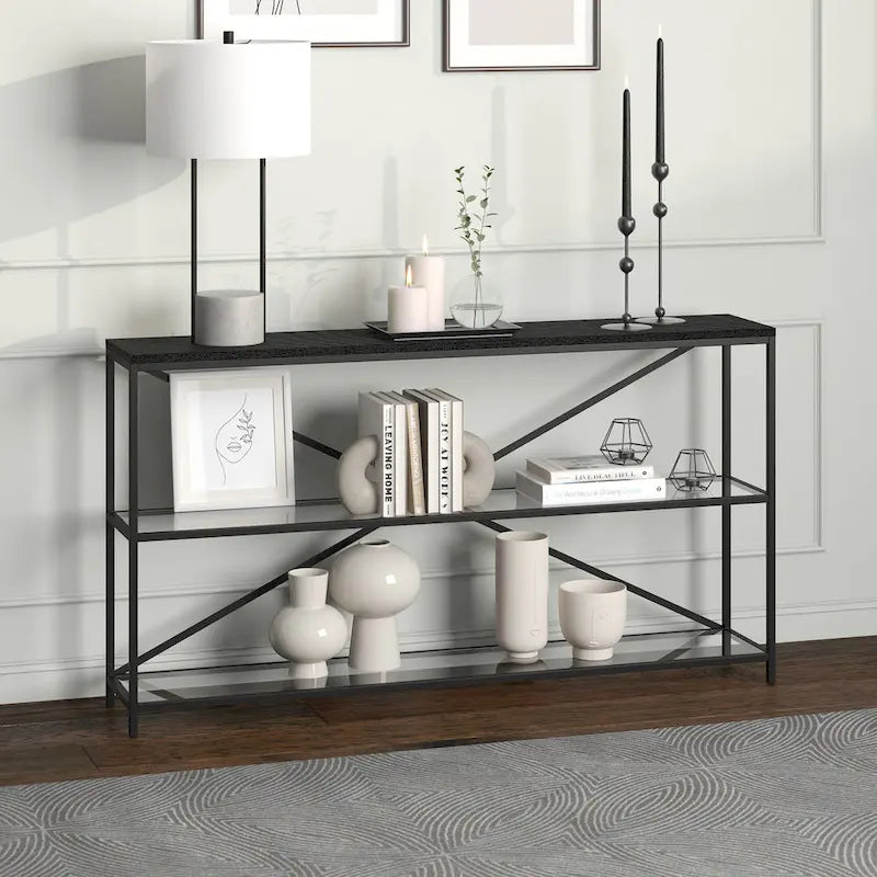 55-inch Modern Farmhouse Console Table with Steel Frame and Tempered Glass Shelves