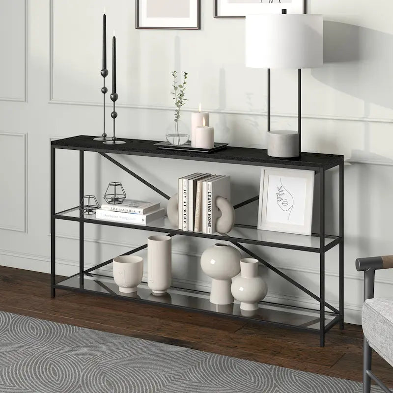 55-inch Modern Farmhouse Console Table with Steel Frame and Tempered Glass Shelves