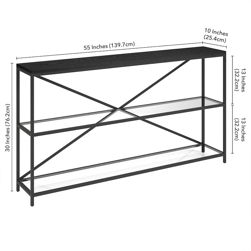 55-inch Modern Farmhouse Console Table with Steel Frame and Tempered Glass Shelves
