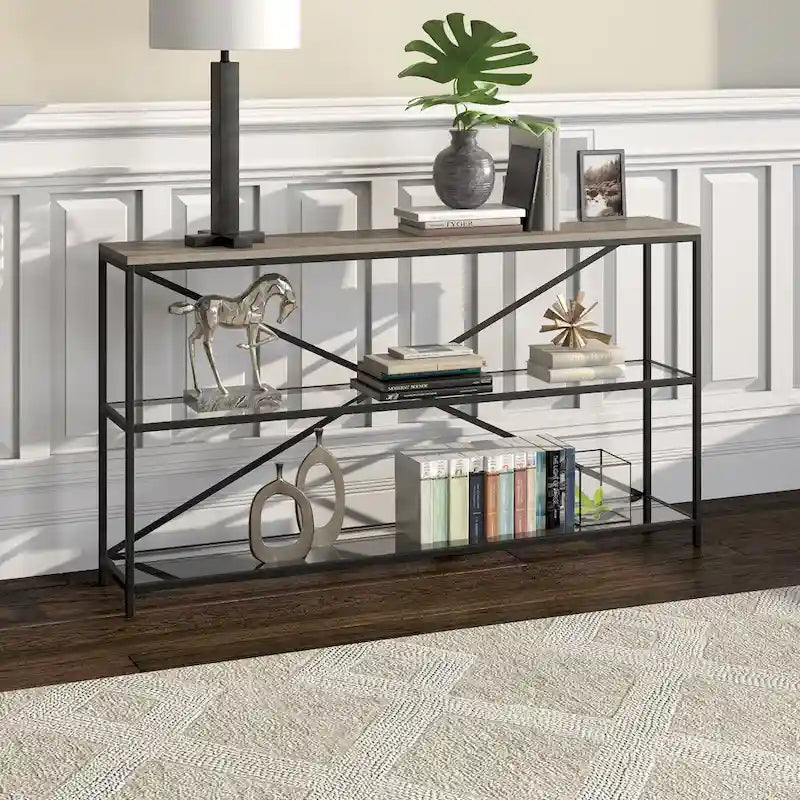 55-inch Modern Farmhouse Console Table with Steel Frame and Tempered Glass Shelves