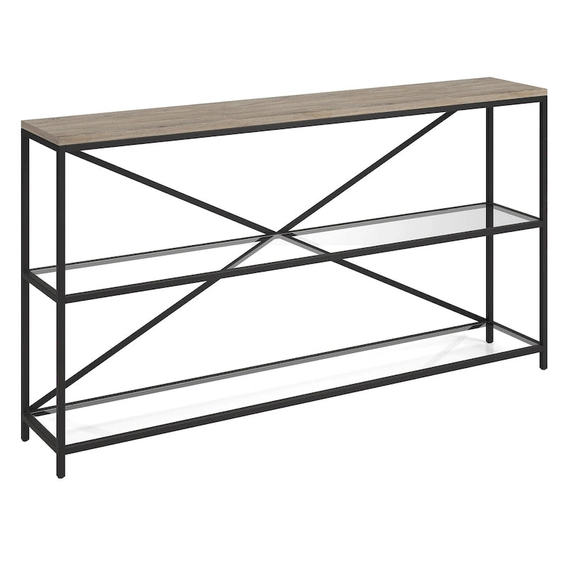 55-inch Modern Farmhouse Console Table with Steel Frame and Tempered Glass Shelves