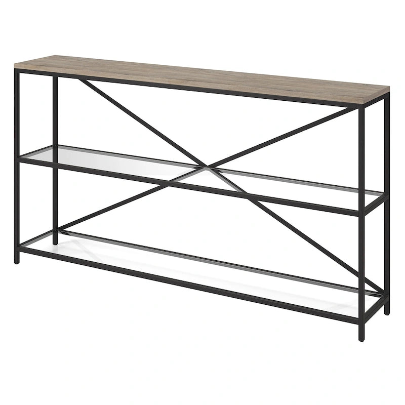 55-inch Modern Farmhouse Console Table with Steel Frame and Tempered Glass Shelves