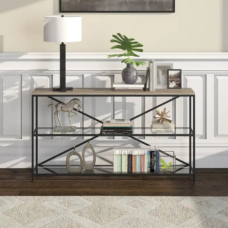 55-inch Modern Farmhouse Console Table with Steel Frame and Tempered Glass Shelves