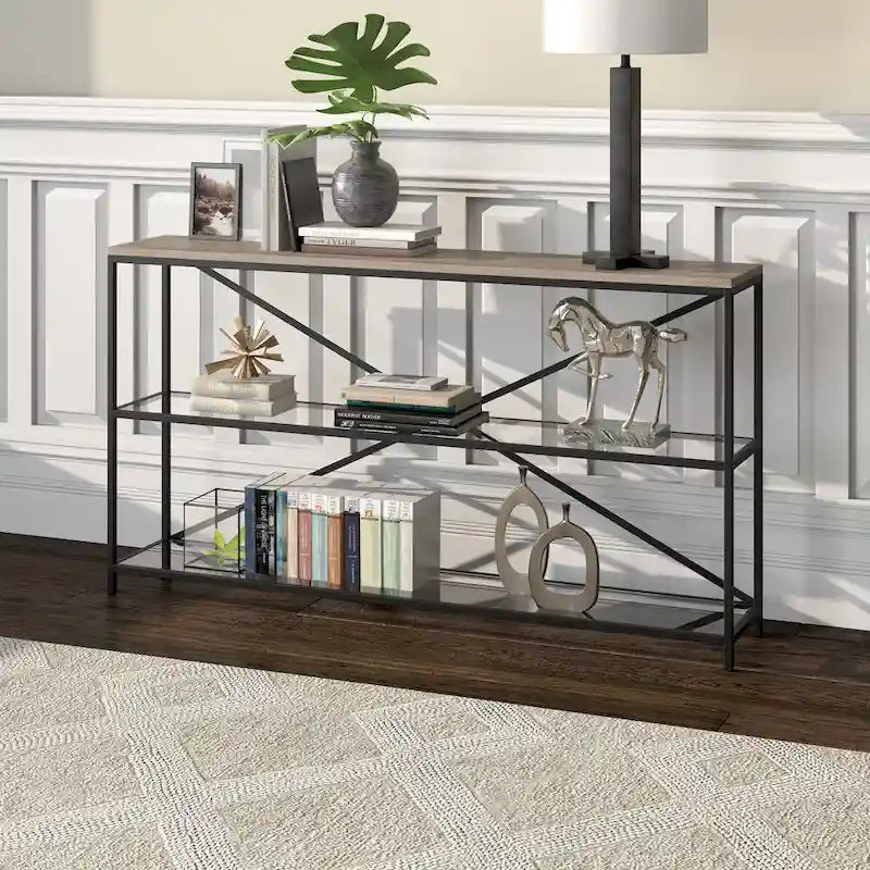 55-inch Modern Farmhouse Console Table with Steel Frame and Tempered Glass Shelves