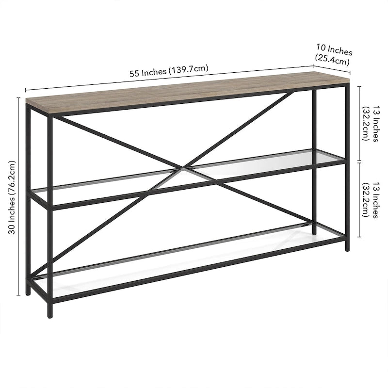 55-inch Modern Farmhouse Console Table with Steel Frame and Tempered Glass Shelves