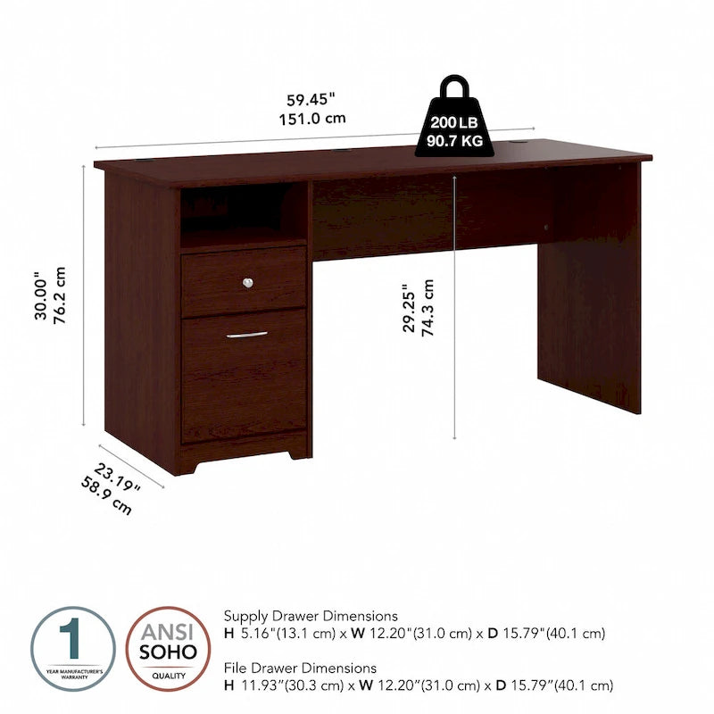 60-inch Computer Desk with File Drawer, Box Drawer, and Open Cubby Storage