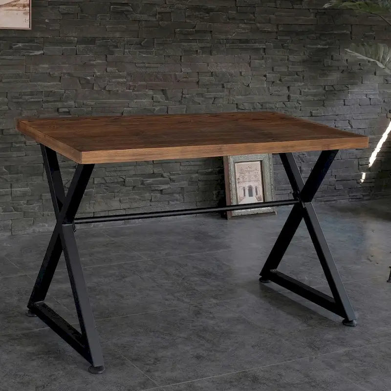 Scrivania industriale per computer con piano in legno massello e base metallica a X