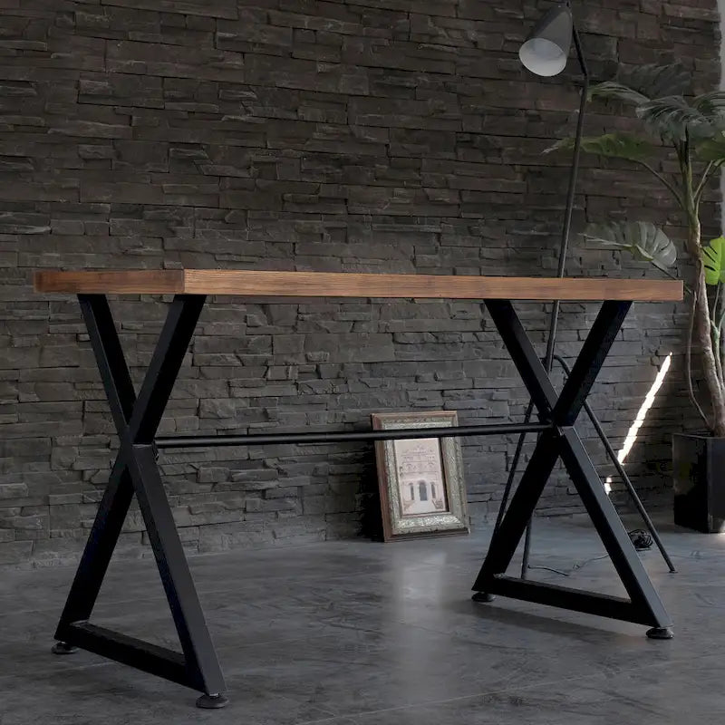 Industrial Computer Desk with Hardwood Top and X-Shape Metal Base